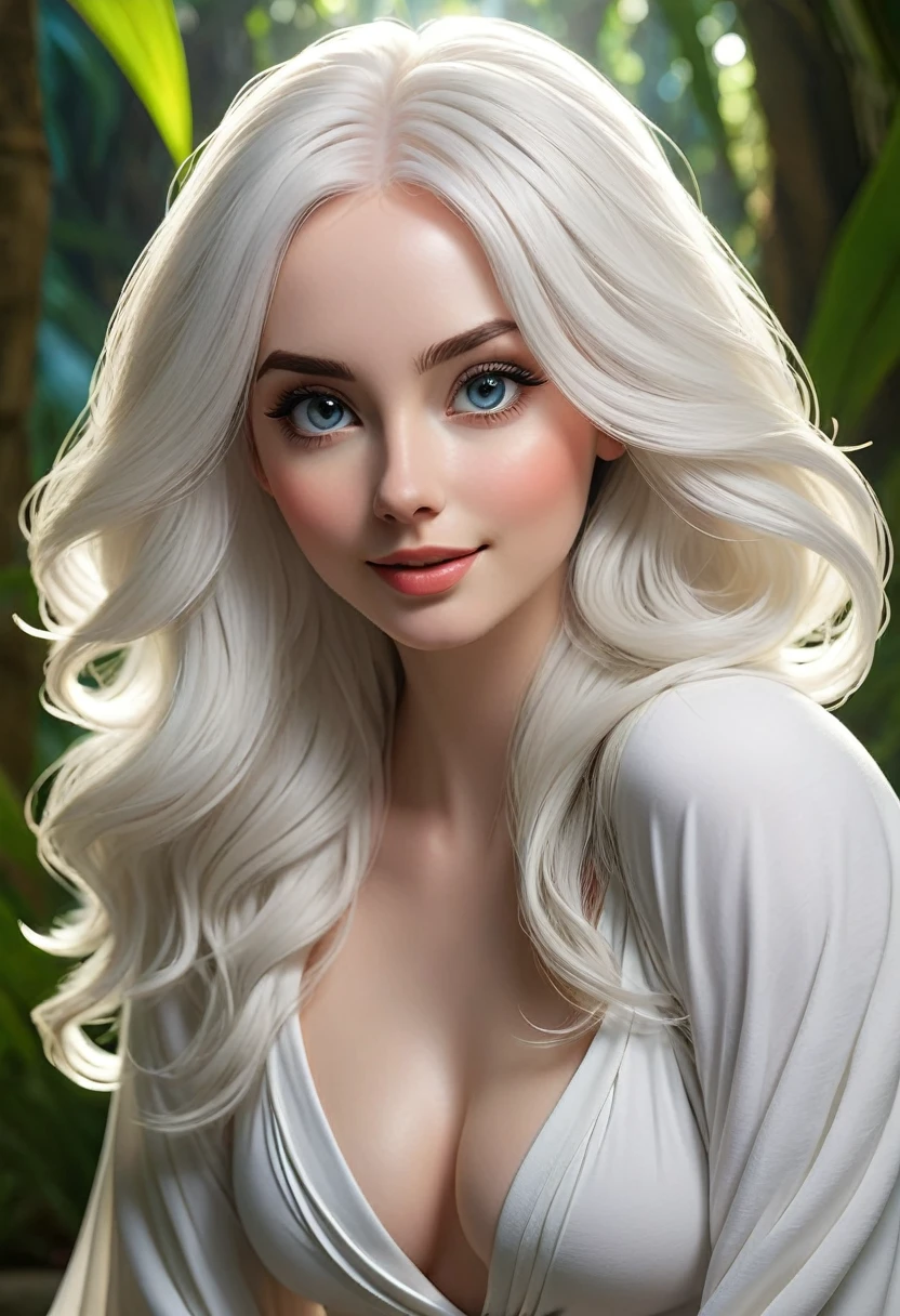 Beautiful women with white porcelin skin. long wavey, pure-white-hair.modestly dressed in White yoga pants, white yoga top and white cloak . extremely beautiful model, female, perky breasts,Wide Smile, Eyes Detailed & Wide, sexy Pose. Ultra HD, Rococo-Inspired Fantasy Art With Intricate Details. Cute, Charming Expression, Alluring-Gaze, looking at viewer Beautiful Eyes, An-Ideal-Figure. Large Youthful Well-Shaped-Breasts, Attractive ass showcased. Massive-Round-Bosom, slim waist, fit body, full lipsWarm lights , woman in a dreamy tropical rainforest at night, , delicate face, realistic, real, slim, large aperture, sexy shots, attractive poses. symmetrical face, photorealistic, photography, path tracing, specular lighting, volumetric face light, path traced hairmaximum quality{(masutepiece) (8K High Resolution) (top-quality). Karen Gillan with white hair.
