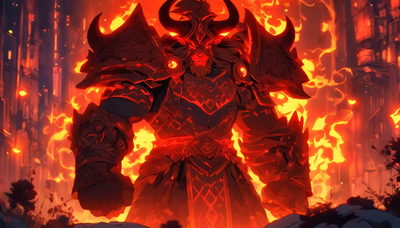 Ancient anime style, artbook, comicbook, RPG, futuristic medieval, steampunk. A fiery minotaur magic dwarf warrior, wearing battle armor with glowing magic markings, dynamic pose, full body, human face with glowing magic tribal tattoos with warm tones, minotaur features, ruby horns with glowing magic markings, minitaur tail , magical red stone skin with glowing carved marks, glowing eyes, using a technological magic long ax with glowing magic circuits. In a metropolis of a kingdom of an ancient civilization of dwarves with advanced technology, with tall buildings with neon details, mixing technology with magical vegetation, steampunk. Wide scenery, cinematic scene with several layers of depth, dynamics, magical lighting.