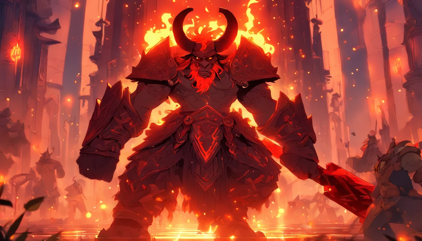 Ancient anime style, artbook, comicbook, RPG, futuristic medieval, steampunk. A fiery minotaur magic dwarf warrior, wearing battle armor with glowing magic markings, dynamic pose, full body, human face with glowing magic tribal tattoos with warm tones, minotaur features, ruby horns with glowing magic markings, minitaur tail , magical red stone skin with glowing carved marks, glowing eyes, using a technological magic long ax with glowing magic circuits. In a metropolis of a kingdom of an ancient civilization of dwarves with advanced technology, with tall buildings with neon details, mixing technology with magical vegetation, steampunk. Wide scenery, cinematic scene with several layers of depth, dynamics, magical lighting.