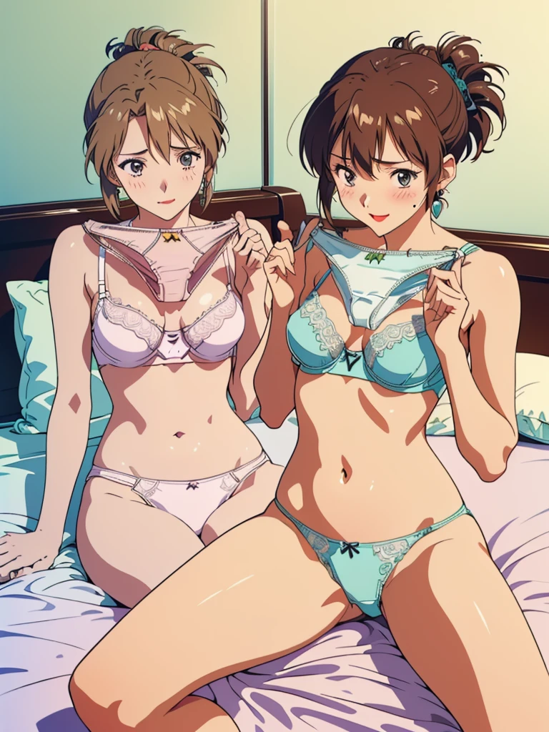 masterpiece, top quality, ultra detailed, ((((AIKA_SUMERAGI, folded ponytail, best anatomy, in underwear, (panties, elaborately designed luxury panties for adults, panties high definition images, draw panties with super precision), lace trimmed bra, extremely detailed texture, earrings, red lip, embarrassed, blush, smile)))), cowboy shot, (((underwear in bed room))), white skin, (presenting panties), (display panties),holding panties with both hands,(panties taken off:1.5), (panties are on bed:2.0), from above