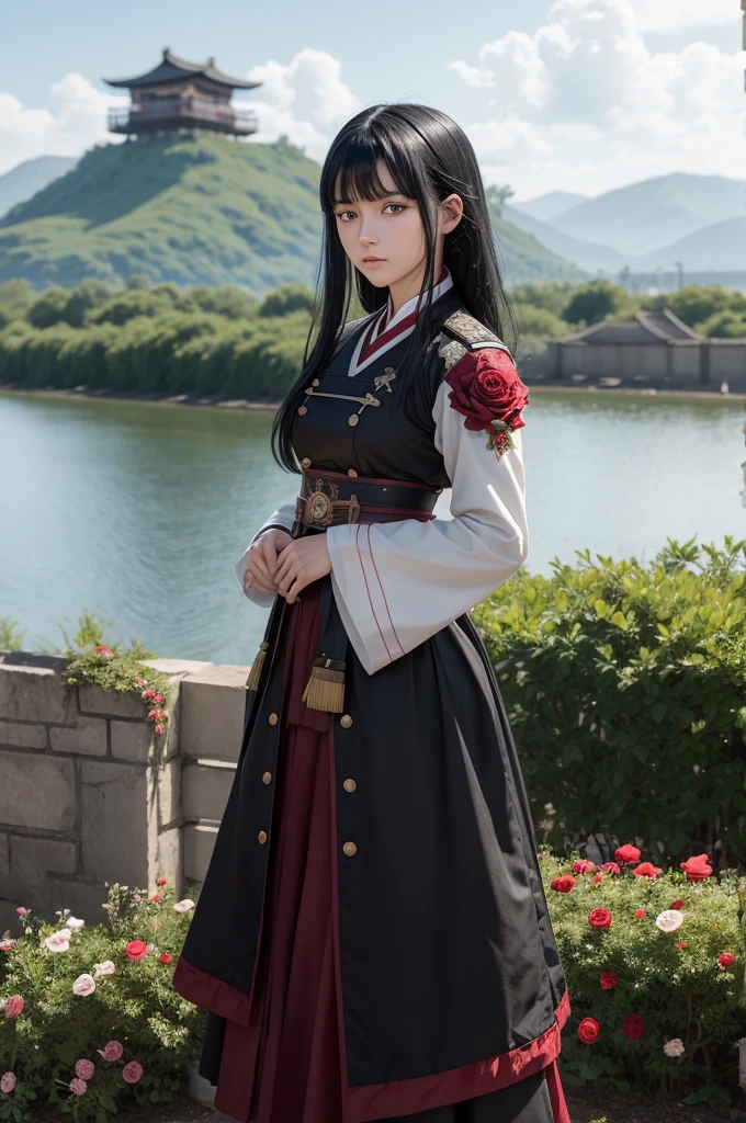 Shingeki no koyjin, I want a character who is , that she has black hair with bangs, her eyes have to be black, her outfit is from the cadets from the first season of shingeki no koyjin, the scenery behind is on top of the rose wall.