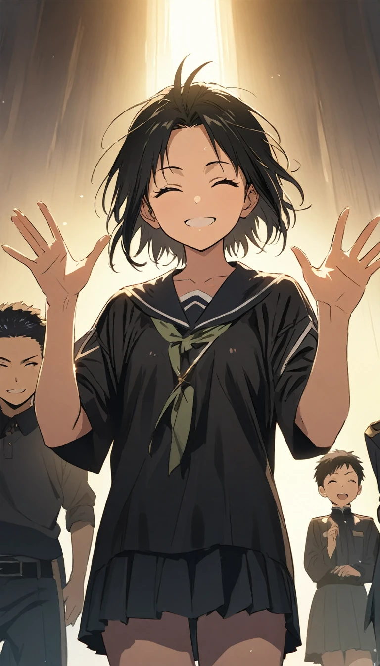 (masterpiece)、(absurdres)、(ultra detailed)、The Kindaichi Case Files、Hajime Kindaichi、Anime illustration、cowboy shot,smile,closed eyes,Raise one hand、soft lighting,Asahi、white background,