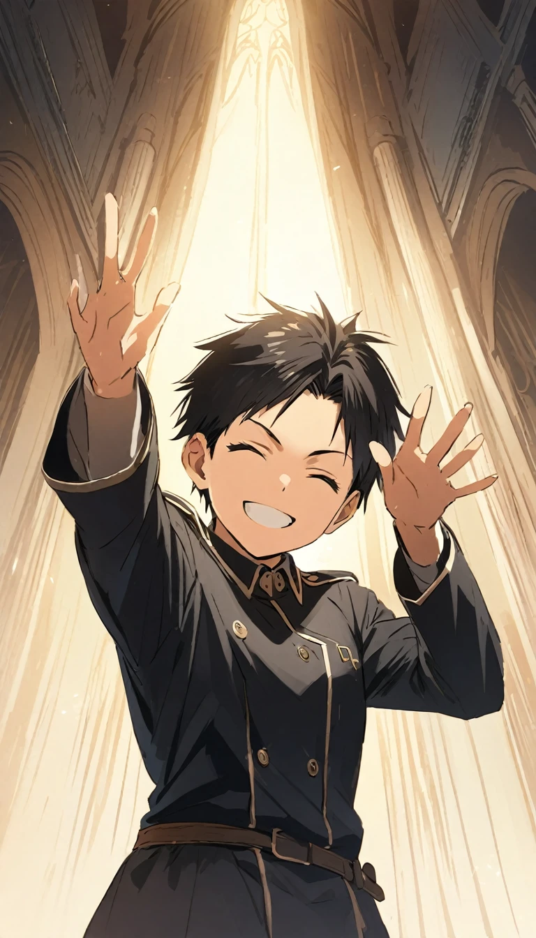 (masterpiece)、(absurdres)、(ultra detailed)、The Kindaichi Case Files、Hajime Kindaichi、Anime illustration、cowboy shot,smile,closed eyes,Raise one hand、soft lighting,Asahi、white background,