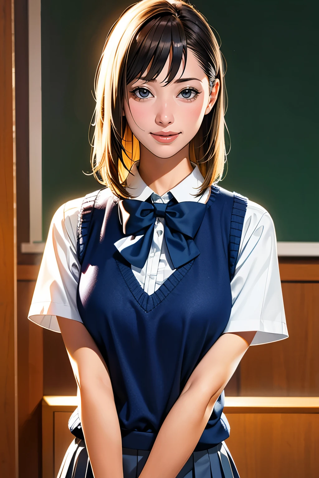 (masterpiece:1.2, Highest quality), (Realistic, photoRealistic:1.4), Beautiful illustrations, (Natural Side Lighting, Cinema Lighting), Written boundary depth, Looking at the audience, (Face Focus, Upper Body), Front view, 1 Girl, English, high school girl, , Perfect Face, Cute symmetrical face, Shiny skin, (Bob Hair:1.7,blonde), Asymmetrical bangs, Big eyes, Droopy eyes, long eyelashes chest), thin, Beautiful Hair, Beautiful Face, Beautiful and beautiful eyes, Beautiful clavicle, Beautiful body, Beautiful breasts, Beautiful thighs, Beautiful legs, Beautiful fingers, ((High-quality fabric, brown knit vest, Short sleeve white collar shirt, Navy Pleated Skirt, Navy bow tie)), (Beautiful views), evening, (School classroom:1.1), Are standing, (smile, Superior, Open your mouth),