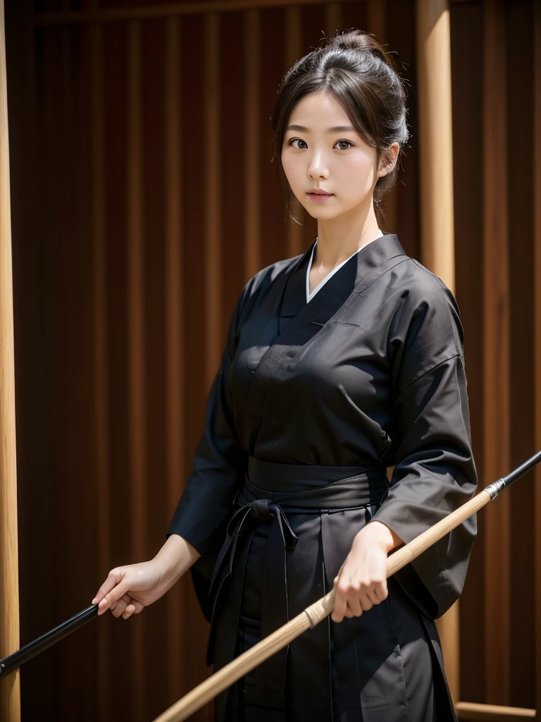 Kyudo、Hakama、(Highest quality)、((Very detailed))、4K、(8K)、masterpiece、Very detailedな、Highest quality、Super Resolution、1 person、Kind Face、Soft Light、RAW quality、Soft Skin、163cm、30 years old、Thighs