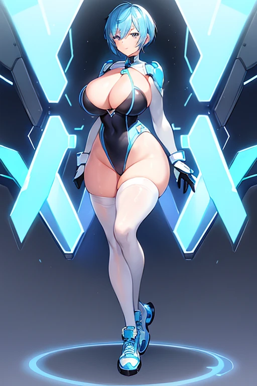 1girl, blue hair, pixie cut, very short hair, smile, breasts, leotard, white leotard, pantyhose, black pantyhose, neon, futuristic, science-fiction, full_body, ((full body)), mature female, hourglass figure, large breasts, machinery, tech, neon trim, sneakers, gauntlet