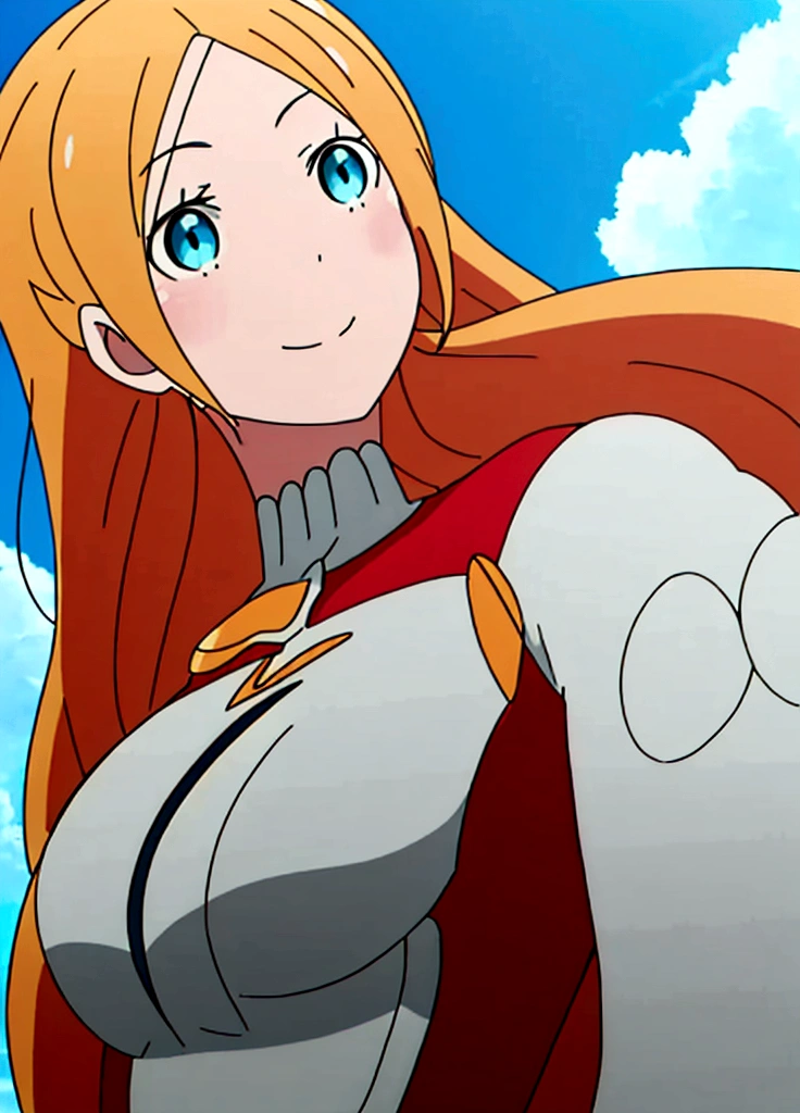 adult stone, sun orange hair, Blue eyes, big breasts, armor, Guerrero, beautiful face, angelic smile 