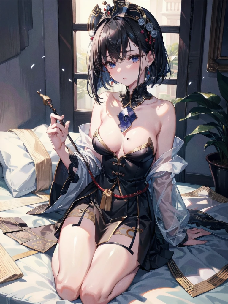 absurdres, RAW photo, extremely delicate and beautiful, masterpiece, Best Quality, ultra high resolution, 32k, hyperrealistic, ultra-detailed, delicate facial features, beautiful detailed woman, tearful mole, earring, medium breasts, (full body shot), medium hair, black hair, jiangshi, long skirt,