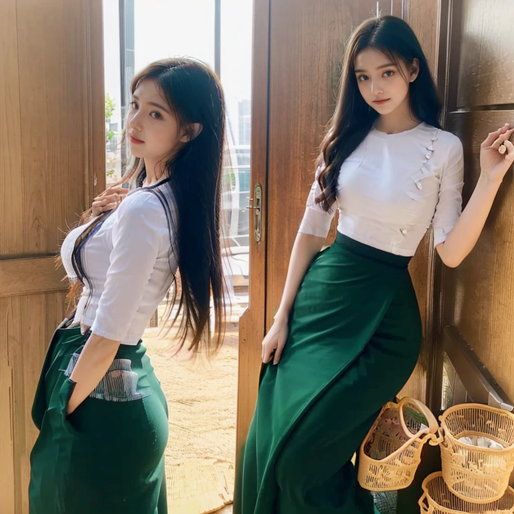 araffe woman in a long skirt standing in front of a door, skinny waist and thick hips, thin waist, with a thin waist, wearing tight simple clothes, thin-waist, tight outfit, young beautiful amouranth, white shirt and green skirt, amouranth, she has a jiggly fat round belly, 8k)), cute elegant pose
