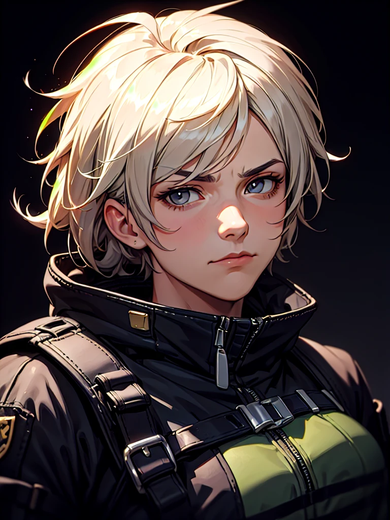((Portrait)), He has a Stoic and Nonchalant Appearance, with Youthful Charm and a Slim, Slightly Fit Build. He Expresses an Indifferent and Lazy Look, Giving Off a Carefree Attitude. He has Light Gray Eyes, His Hair is Short and Tousled, Jet Black, with Uneven Strands Falling Around His Face. He Wears a Oversized, Black Bomber-Style Tactical Coat, with Hood and Tactical Straps. ((Portrait, HDR, Dark Background))