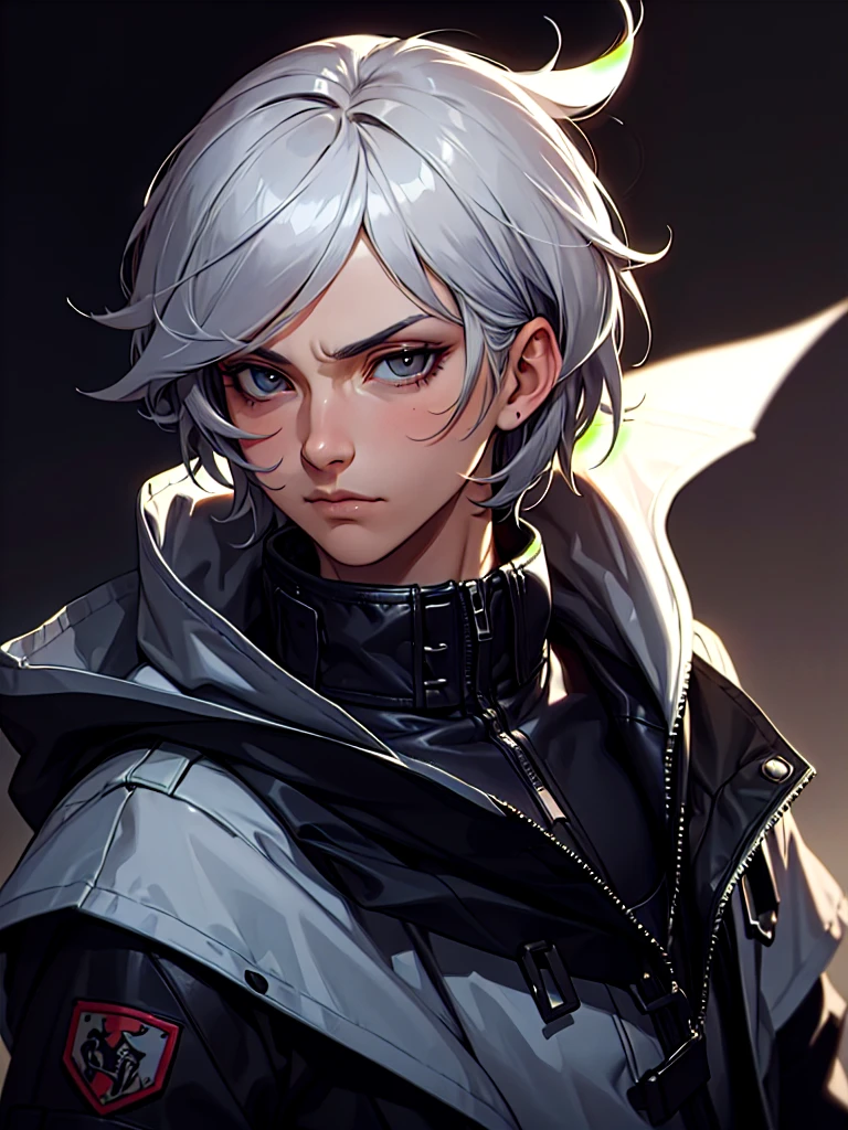 ((Portrait)), He has a Stoic and Nonchalant Appearance, with Youthful Charm and a Slim, Slightly Fit Build. He Expresses an Indifferent and Lazy Look, Giving Off a Carefree Attitude. He has Light Gray Eyes, His Hair is Short and Tousled, Jet Black, with Uneven Strands Falling Around His Face. He Wears a Oversized, Black Bomber-Style Tactical Coat, with Hood and Tactical Straps. ((Portrait, HDR, Dark Background))