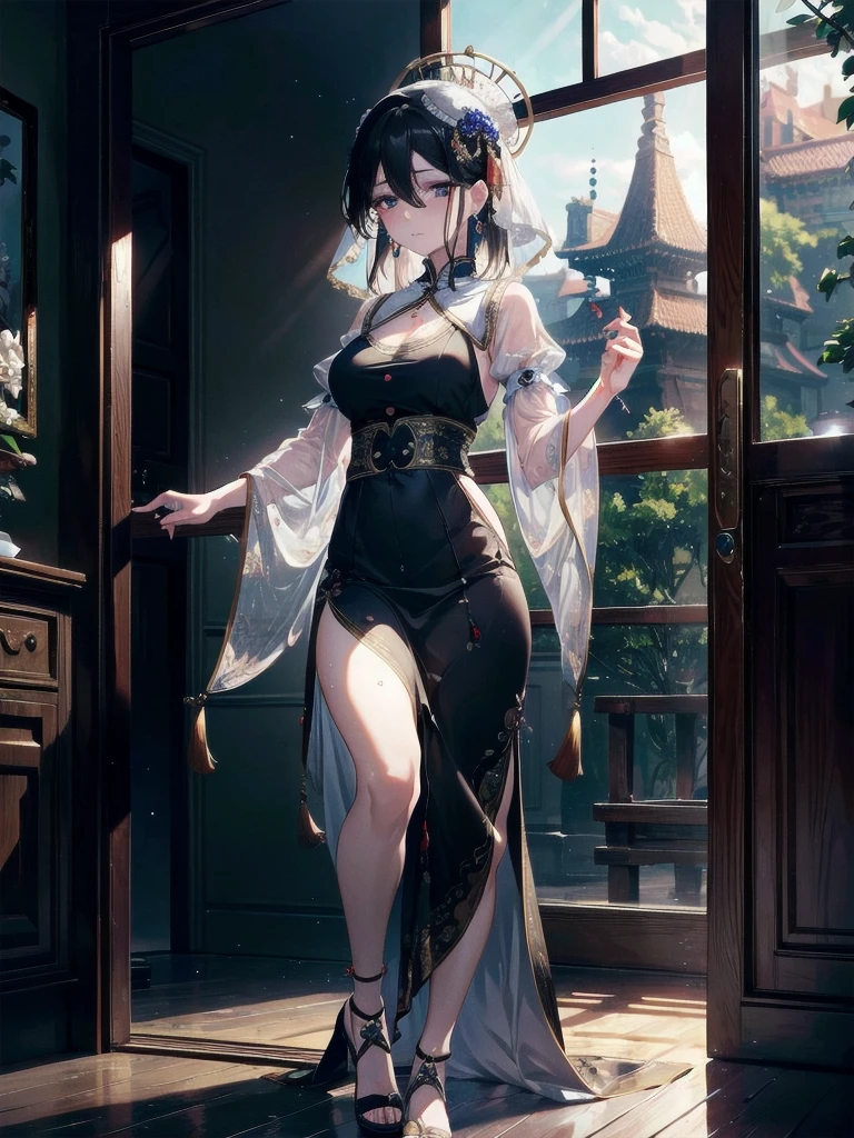 absurdres, RAW photo, extremely delicate and beautiful, masterpiece, Best Quality, ultra high resolution, 32k, hyperrealistic, ultra-detailed, delicate facial features, beautiful detailed woman, tearful mole, earring, medium breasts, (full body shot), medium hair, black hair, jiangshi, long skirt,