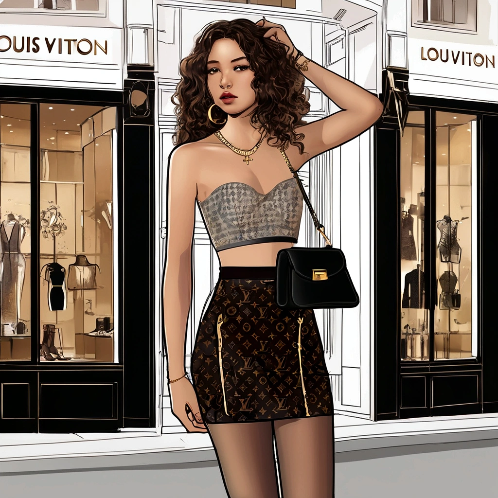 21-year-old girl, brunette, with wavy hair, stands in front of a Louis Vuitton shop, touching her hair. She showcases a slender figure and a model-like appearance, wearing Louis Vuitton pantyhose and a Louis Vuitton crop top, capturing the elegance and sophistication of the moment. Emphasizing the beauty of the surroundings, she exudes a stylish presence, big breasts, the image is taken from the front, providing a beautiful and alluring gaze, she lifts her skirt to show her pantyhose