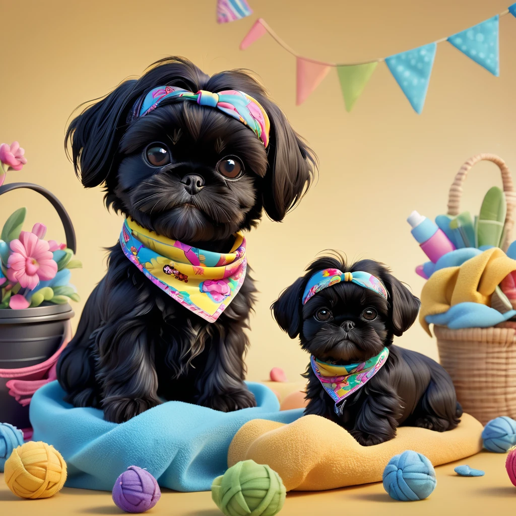 2 adorable small black shih tzu puppies,dogs wearing bright colorful bandanas,sunglasses,washing car,disney cartoon 3d render,high quality,disney pixar style,highly detailed,photorealistic,vibrant colors,soft lighting,whimsical,cute,adorable