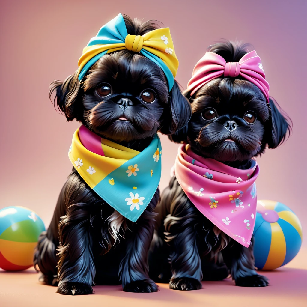 2 adorable small black shih tzu puppies,dogs wearing bright colorful bandanas,sunglasses,washing car,disney cartoon 3d render,high quality,disney pixar style,highly detailed,photorealistic,vibrant colors,soft lighting,whimsical,cute,adorable