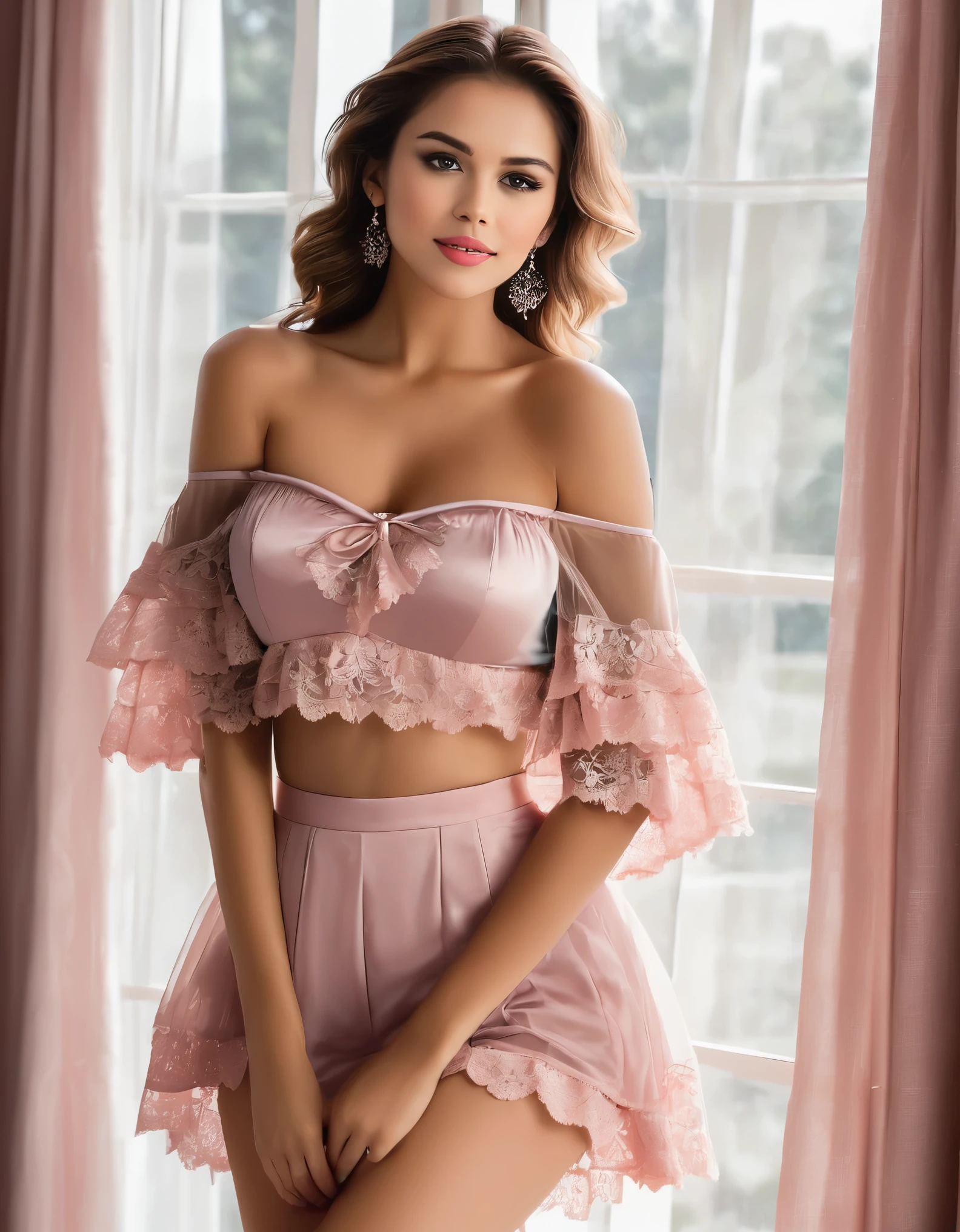 a woman standing by a window, looking over her shoulder towards the camera. She has wavy, light brown hair and is wearing makeup, including red lipstick. Her outfit is a lacy, pink and black lingerie set with ruffled edges and off-the-shoulder sleeves. The window has sheer pink curtains, and there is a green plant visible on a table near the window. The overall atmosphere is elegant and sensual, with soft natural light illuminating the scene. Full body view