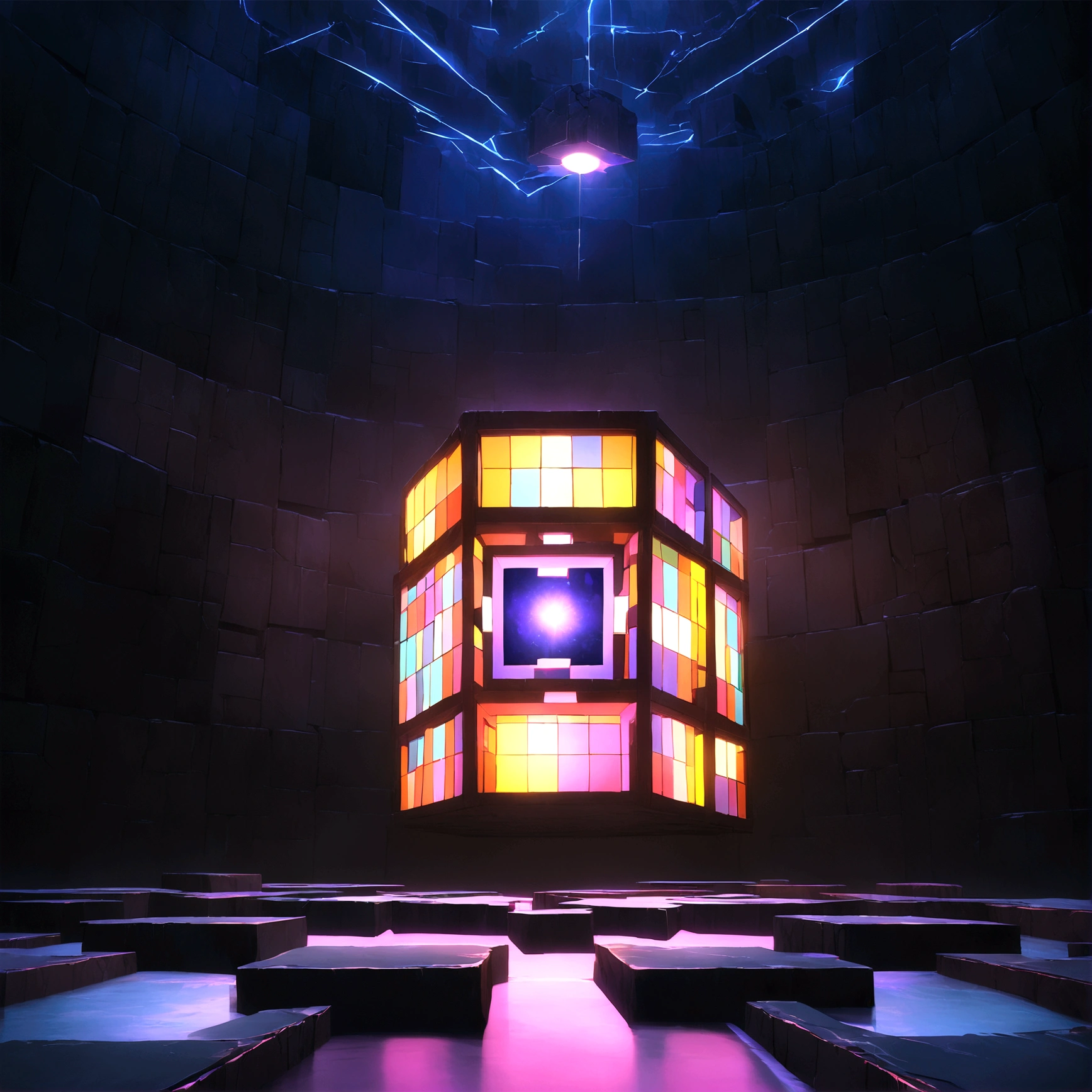 Black Magic Cube, Divide into squares, Black background,"One Piece-inspired anime, Dramatic and stunning lighting, Dramatic lighting, Creative details included, Ultra-fine 2D design, scenery Immerse yourself in creativity, Immerse yourself in creativity, Boasting the clarity of HD anime resolution, HD Anime Graphics, High Octane Rendering"