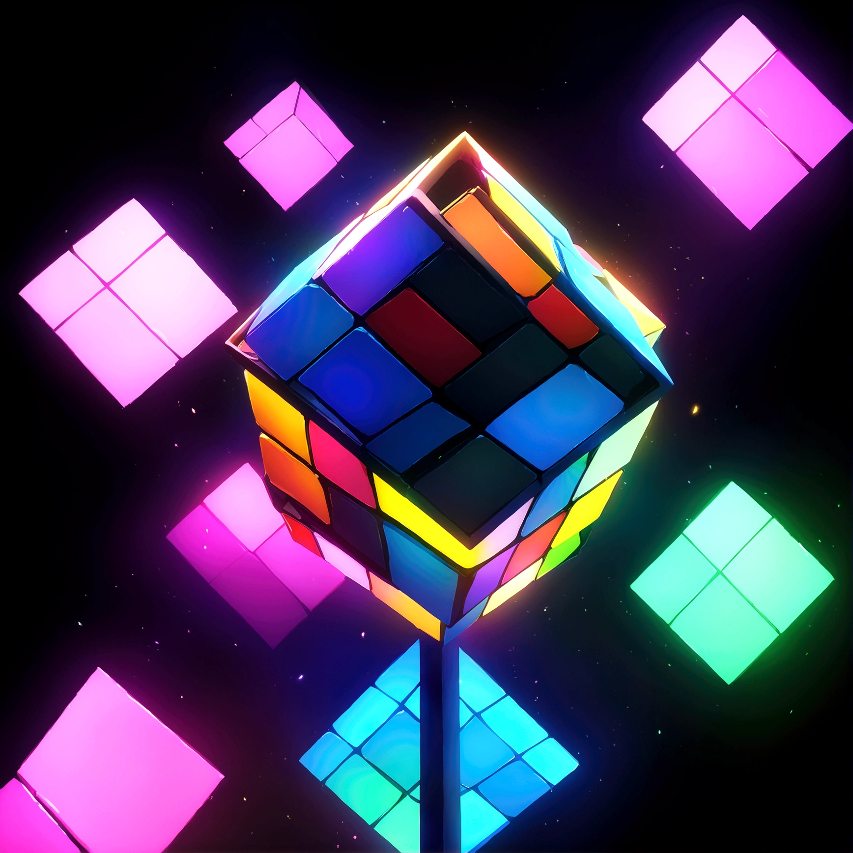 Black Magic Cube, Divide into squares, Black background,"One Piece-inspired anime, Dramatic and stunning lighting, Dramatic lighting, Creative details included, Ultra-fine 2D design, scenery Immerse yourself in creativity, Immerse yourself in creativity, Boasting the clarity of HD anime resolution, HD Anime Graphics, High Octane Rendering"