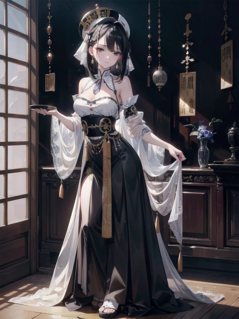 absurdres, RAW photo, extremely delicate and beautiful, masterpiece, Best Quality, ultra high resolution, 32k, hyperrealistic, ultra-detailed, delicate facial features, beautiful detailed woman, tearful mole, earring, medium breasts, (full body shot), medium hair, black hair, jiangshi, long skirt,