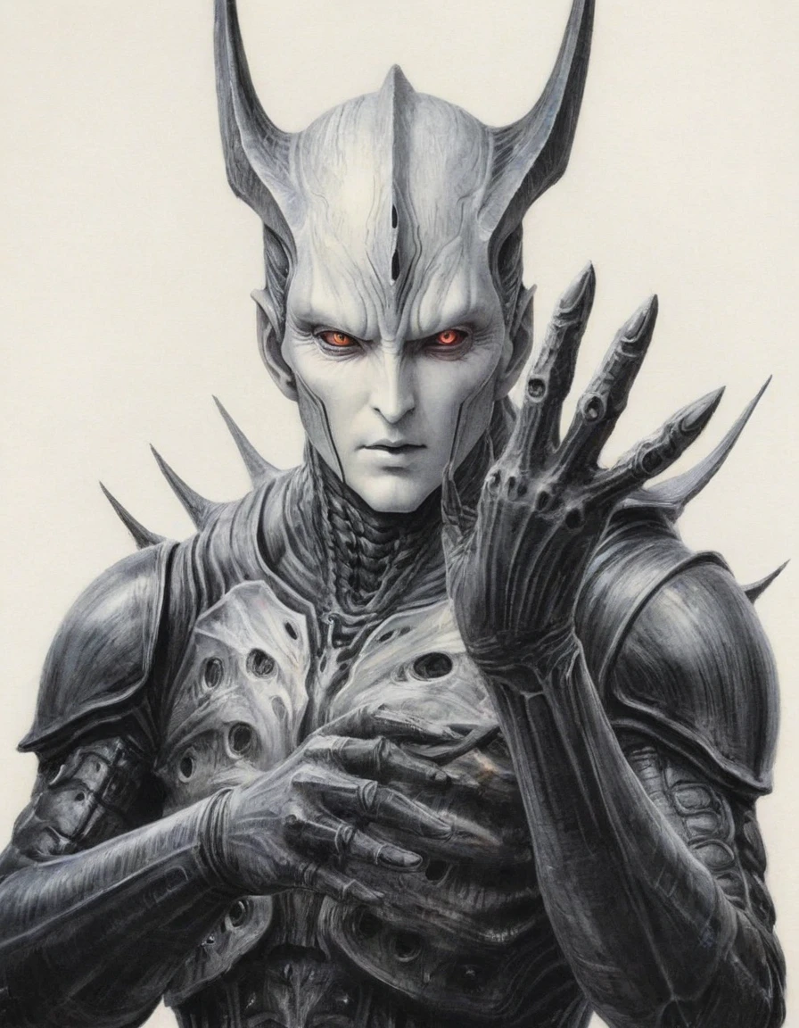 Illustration,    SAURON, XENO, masterpiece, sound, empty hands, looking at viewer, white and black colors, Graphite, BLEACH STYLE, by Kentaro Miura