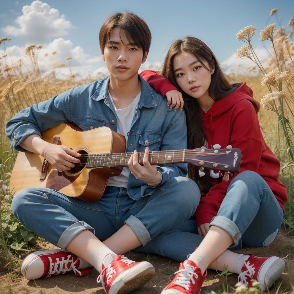 real potrait, long shot, full body, a Korean man with short hair wearing blue flannel wearing jeans wearing red shoes, is holding a guitar, Beside him was a Korean woman with long hair wearing a red hoodie, wearing jeans, white shoes, sitting together in a field full of weeds, romantic atmosphere, clear blue sky, charming bright colors