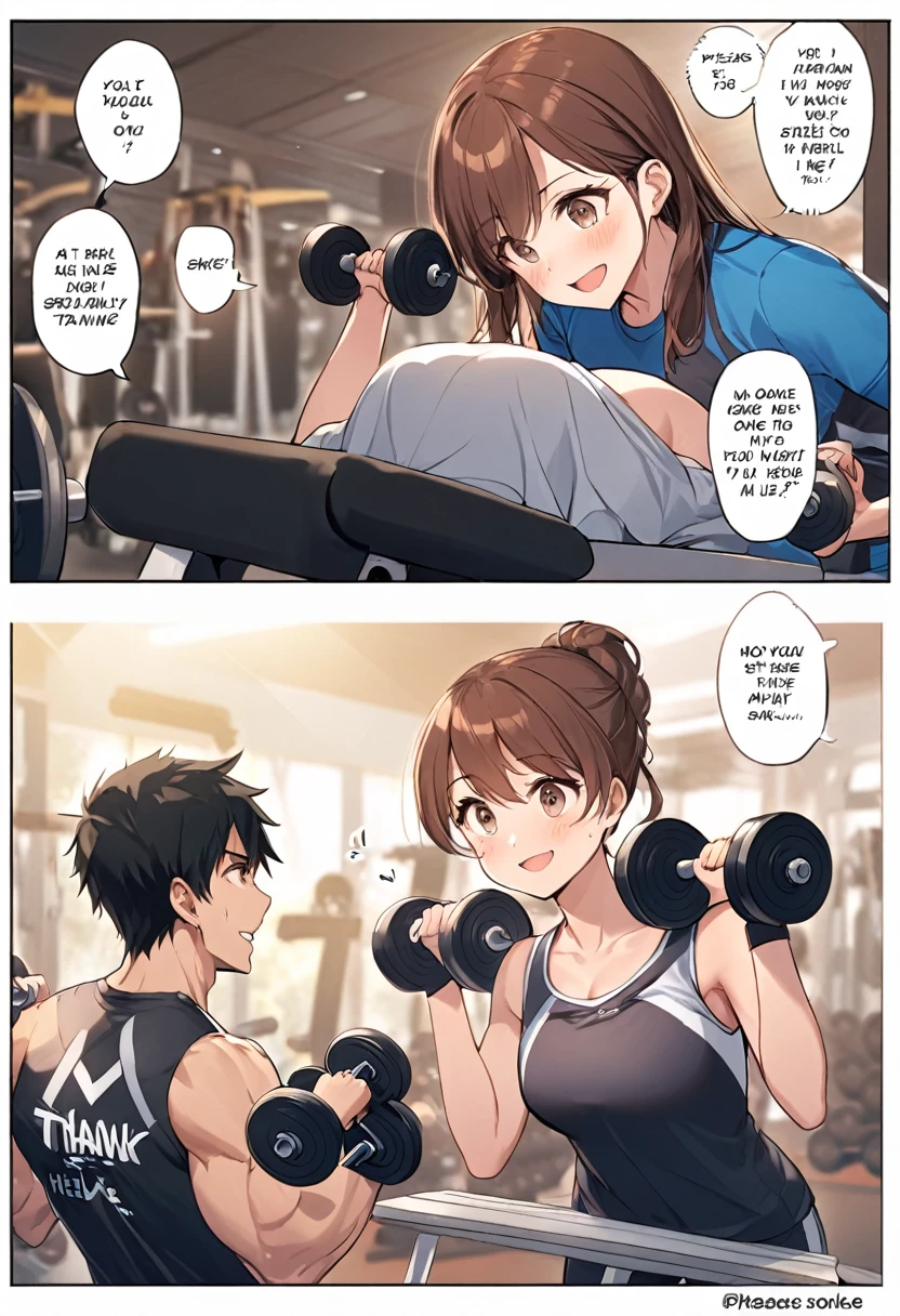 A woman with brown hair, dressed in training wear, is working out at the gym, doing bench presses. She struggles alone, her face showing signs of strain. A man with black hair, also dressed in training wear, notices her and comes over to help by holding the dumbbells together with her.
“Are you okay? Need some help?” he asks with a friendly smile.
She nods with relief, and together they lift the dumbbells.
“Thank you, I really appreciate it,” she says, breathing heavily.
“No problem. I'm always here to help,” he replies with an encouraging nod.
Make this story into a manga! Please add comment bubbles for the dialogue.