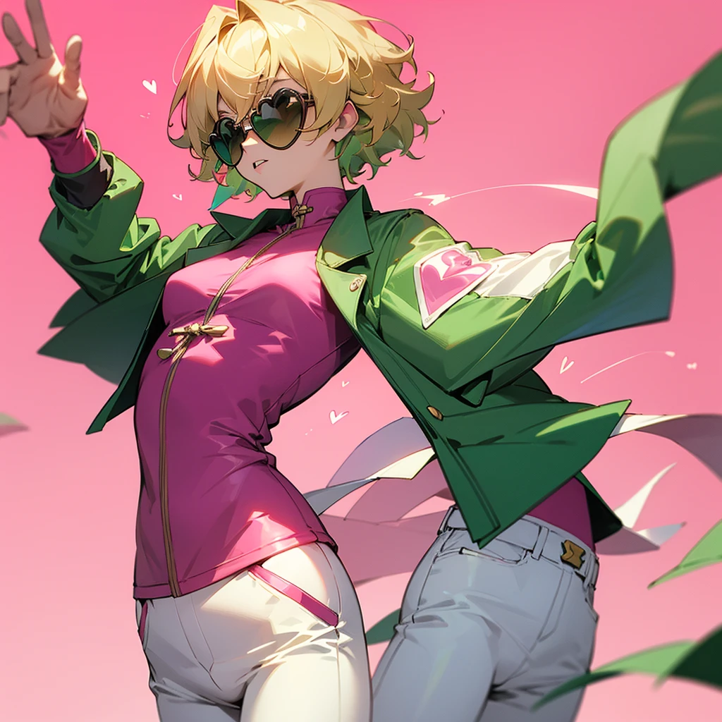 Green jacket, pink heart sunglasses, short blonde curly hair, white pants, Tai Chi