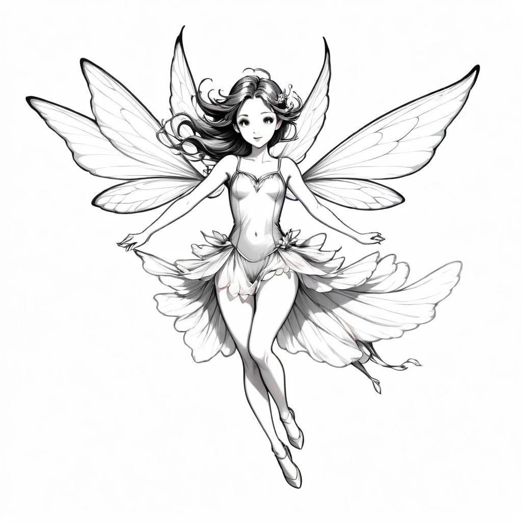 line drawing of a flying fairy, entyre body, On white background, monochrome, black andwhite, no shadows, white background