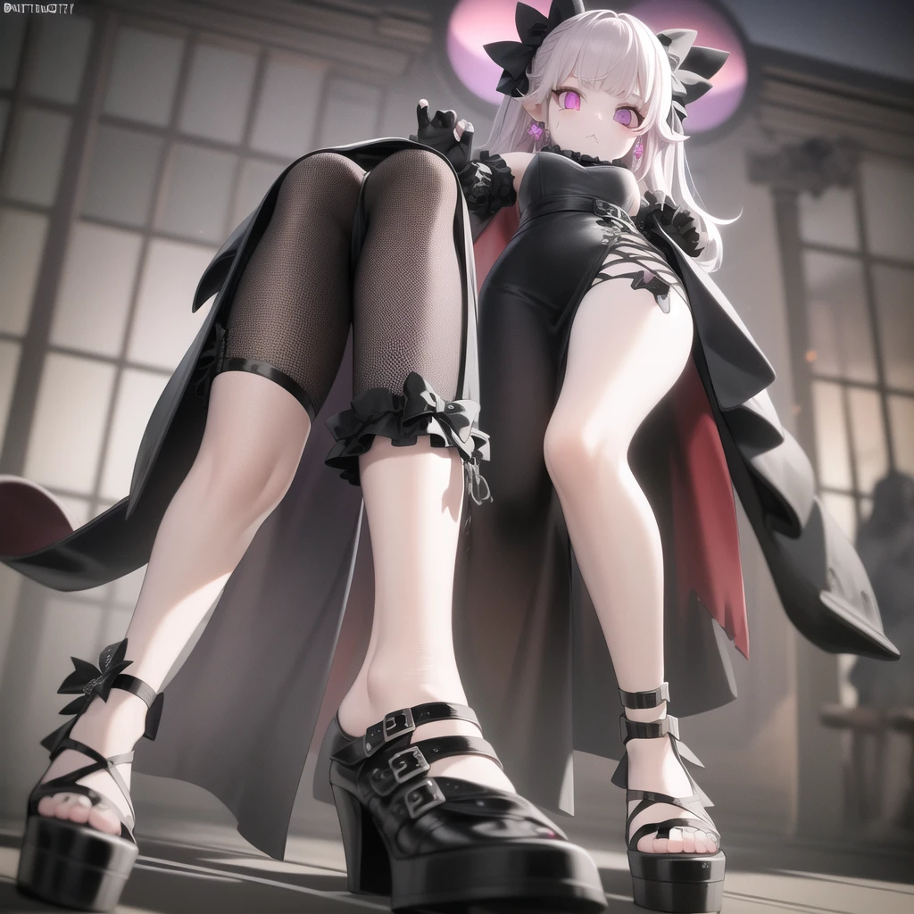 masterpiece, best quality, :/, pink hair, purple eyes,  hair bow, scenery, outdoors,  rampage, with tiny, tiny people, running away, scared, fire, smoke, red sky, ground view, from below, standing,goth,mall outfit,pentagram earrings,black lipstick,obscured by fog,face obscured,  pinkplatform boots,fingreless gloves,hotopic outfit,secenmo hair style,cute but scary,mature lady,big bosom,black and  white hair bow,goth gal,pink boots,chocker,GtsGiga, giantess  art,fishnets,Gtscity,cityscape 