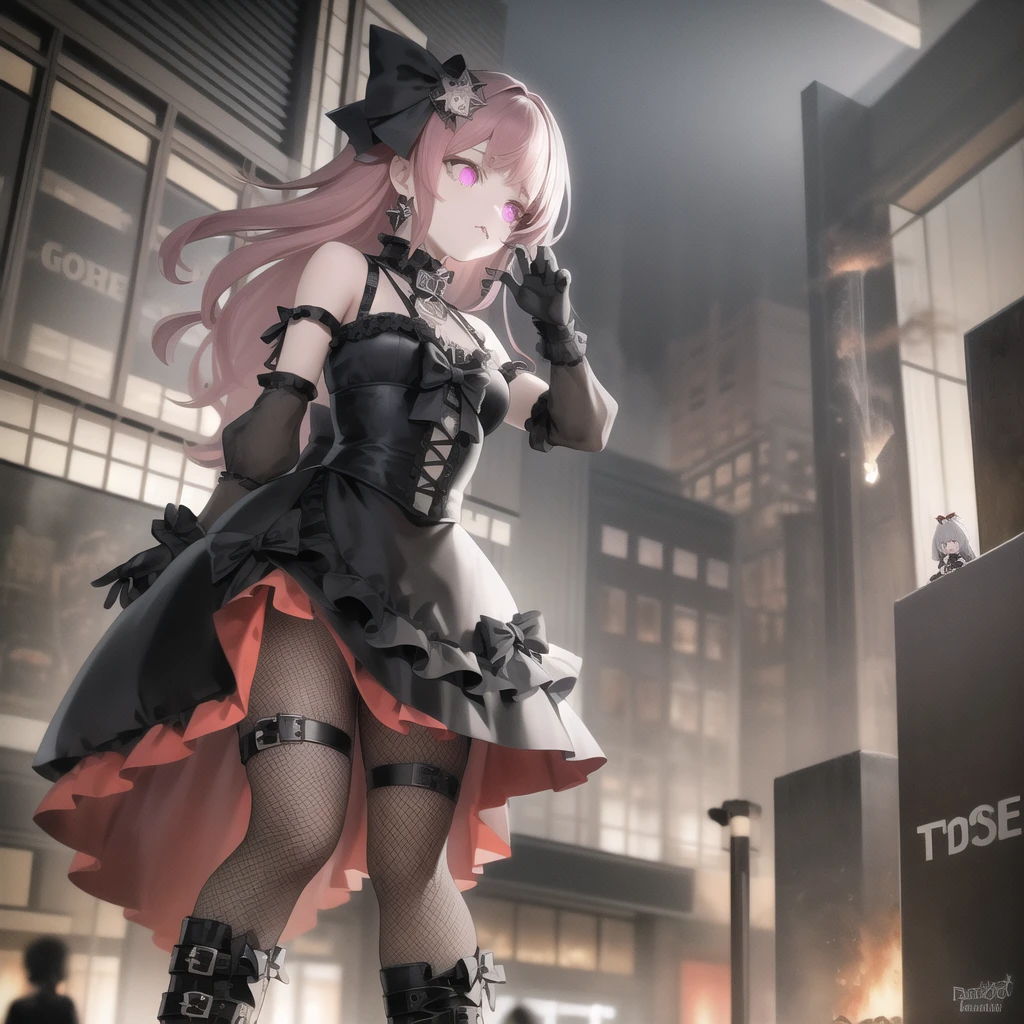 masterpiece, best quality, :/, pink hair, purple eyes, hair bow, scenery, outdoors, rampage, with tiny, tiny people, running away, scared, fire, smoke, red sky, ground view, from below, standing,goth,mall outfit,pentagram earrings,black lipstick,obscured by fog,face obscured, pinkplatform boots,fingreless gloves,hotopic outfit,secenmo hair style,cute but scary,mature lady,big bosom,black and white hair bow,goth gal,pink boots,chocker,GtsGiga, giantess art,fishnets,Gtscity,cityscape