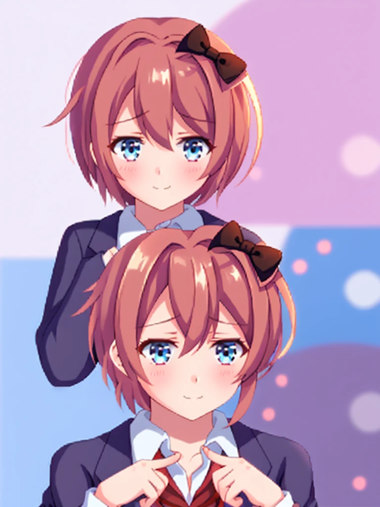 one girl, Sayori, DDLC, school blazer, hair bow, close to girl, light blue eyes, beautiful, index finders together, ashamed, blush, upward glance, dry smile, index finders, shifty eyes