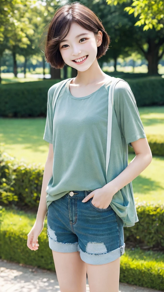 young girl, resembling the model in the provided image, wearing light clothing and shorts, standing in a park, bright and sunny day, greenery and trees around, casual and relaxed atmosphere, neat and fresh look, short hair, smiling brightly, happy and lively moment, outdoors