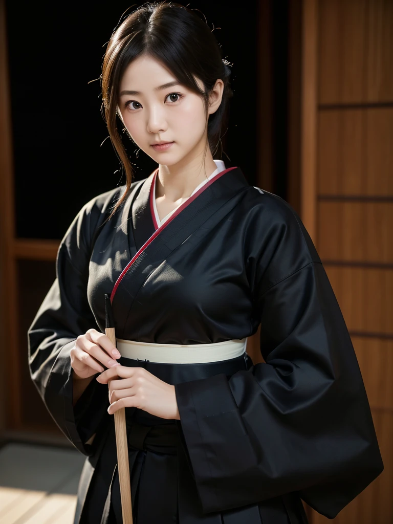Kyudo、Hakama、(Highest quality)、((Very detailed))、4K、(8K)、masterpiece、Very detailedな、Highest quality、Super Resolution、1 person、Kind Face、Soft Light、RAW quality、Soft Skin、163cm、30 years old、Thighs