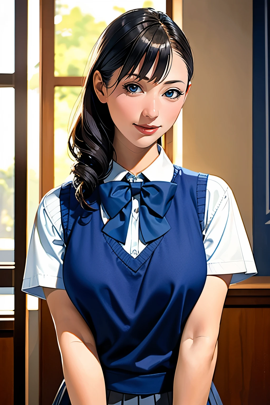 (masterpiece:1.2, Highest quality), (Realistic, photoRealistic:1.4), Beautiful illustrations, (Natural Side Lighting, Cinema Lighting), Written boundary depth, Looking at the audience, (Face Focus, Upper Body), Front view, 1 Girl, English, high school girl, 15 years old, Perfect Face, Cute symmetrical face, Shiny skin, (Bob Hair:1.7,blonde), Asymmetrical bangs, Big eyes, Droopy eyes, long eyelashes chest), thin, Beautiful Hair, Beautiful Face, Beautiful and beautiful eyes, Beautiful clavicle, Beautiful body, Beautiful breasts, Beautiful thighs, Beautiful legs, Beautiful fingers, ((High-quality fabric, brown knit vest, Short sleeve white collar shirt, Navy Pleated Skirt, Navy bow tie)), (Beautiful views), evening, (School classroom:1.1), Are standing, (smile, Superior, Open your mouth),