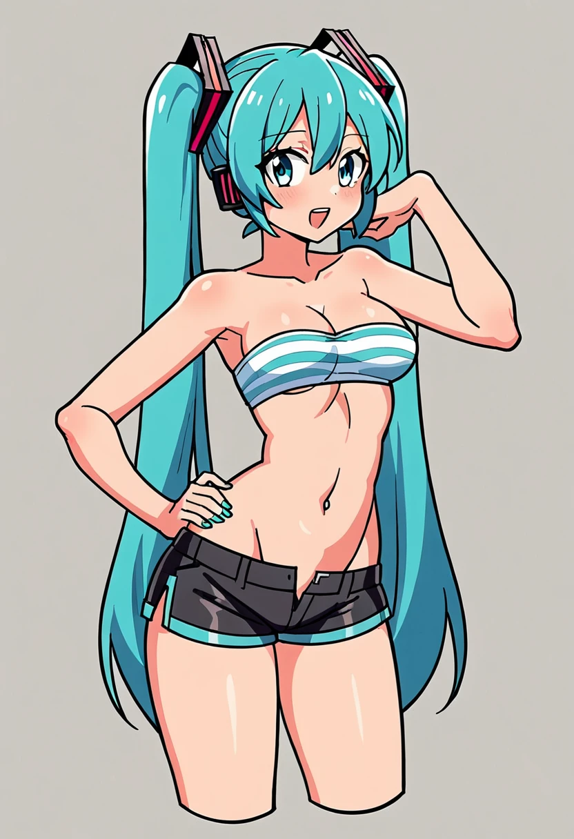 ((Best high quality:1.2)), (8k), extremely detailed, ((High detail:1.2)), ((Anime style)), Hatsune Miku female with 24 years old with ((medium perfect breasts)) and ((hourglass hot body)), (cropped strapless, mini-shorts), random scenary,