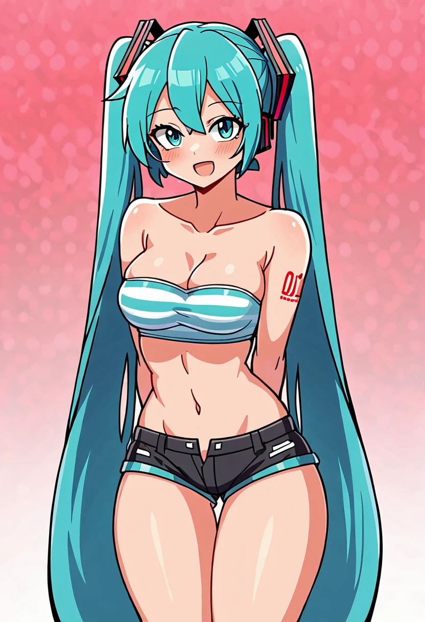 ((Best high quality:1.2)), (8k), extremely detailed, ((High detail:1.2)), ((Anime style)), Hatsune Miku female with 24 years old with ((medium perfect breasts)) and ((hourglass hot body)), (cropped strapless, mini-shorts), random scenary,