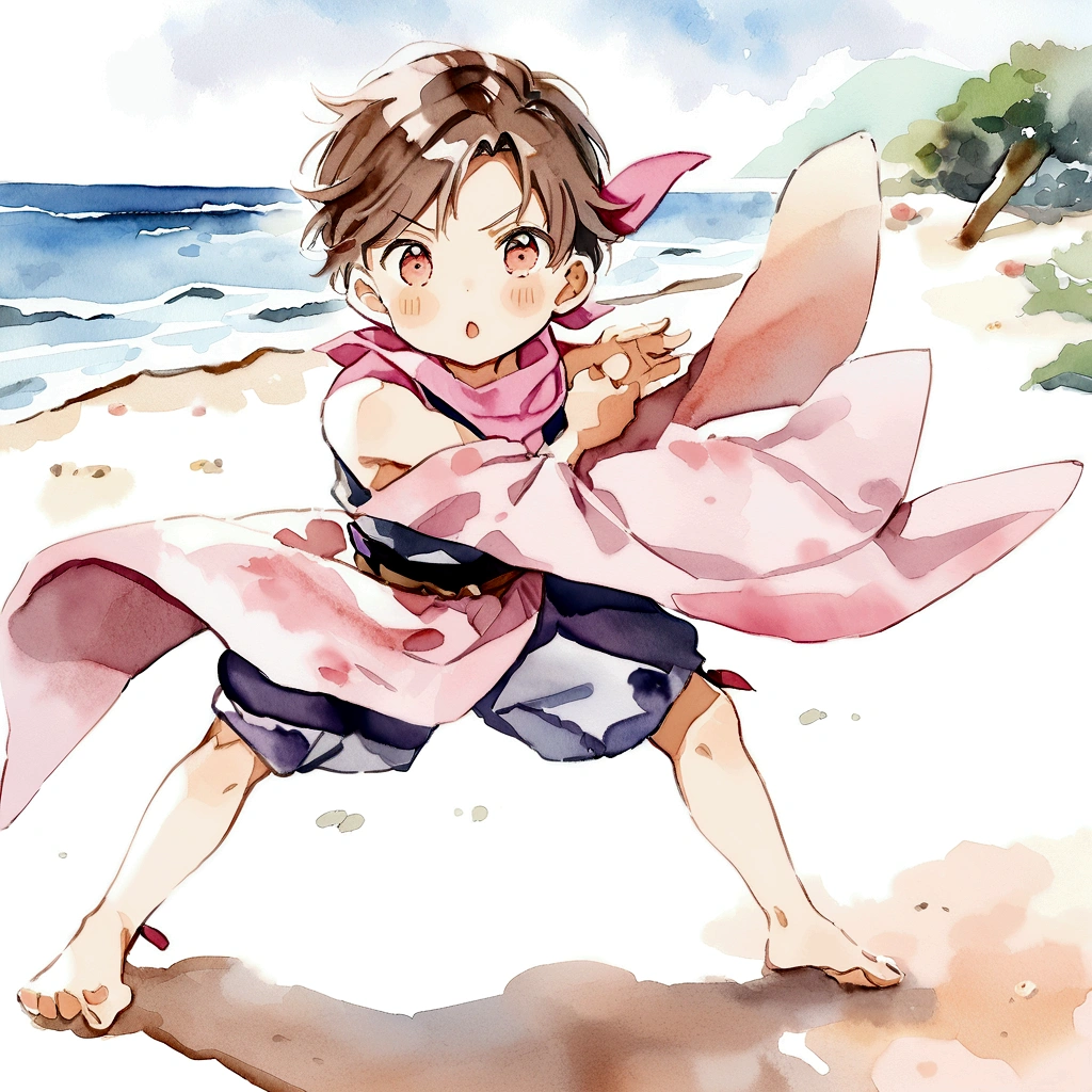 a boy wearing a pink bandana, japanese clothes, childish style, watecolour, heroic pose, peaches details on the bandana, brown hair, watercolor, beach background 