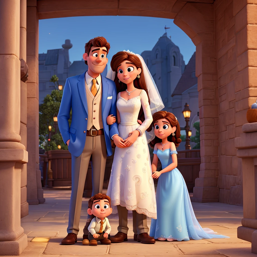 A Disney Pixar-inspired movie poster. The main characters are a couple in their marriage, the brown haired man, and the woman with brown hair, the man with the beard and mustache, the man wearing a grayish blue suit and the bride wearing a long white dress, the man kneeling kissing the hand of the woman who is standing, The scene must be in the distinctive Pixar digital art style, An Eiffel Tower in the background, with a focus on couple expressions, swirly vibrant colors, and detailed textures are characteristic of its animations. Only the bride and groom.