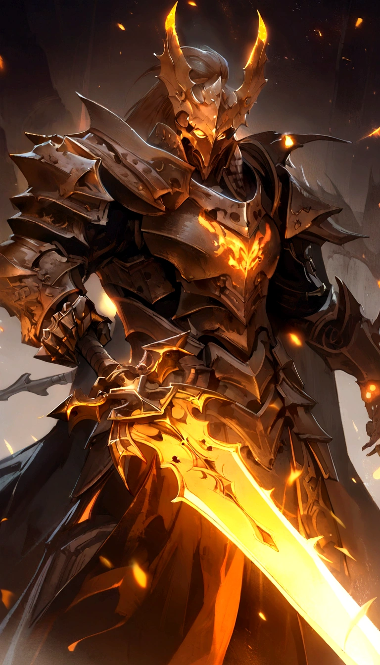 a close up of a person holding a sword in a fire, flame conjuring armored, darksiders style, style of raymond swanland, by Yang J, black fire color reflected armor, inspired by Raymond Swanland, darksiders art style, from arknights, light coming off of the armor, rossdraws volumetric lighting, rossdraws global illumination