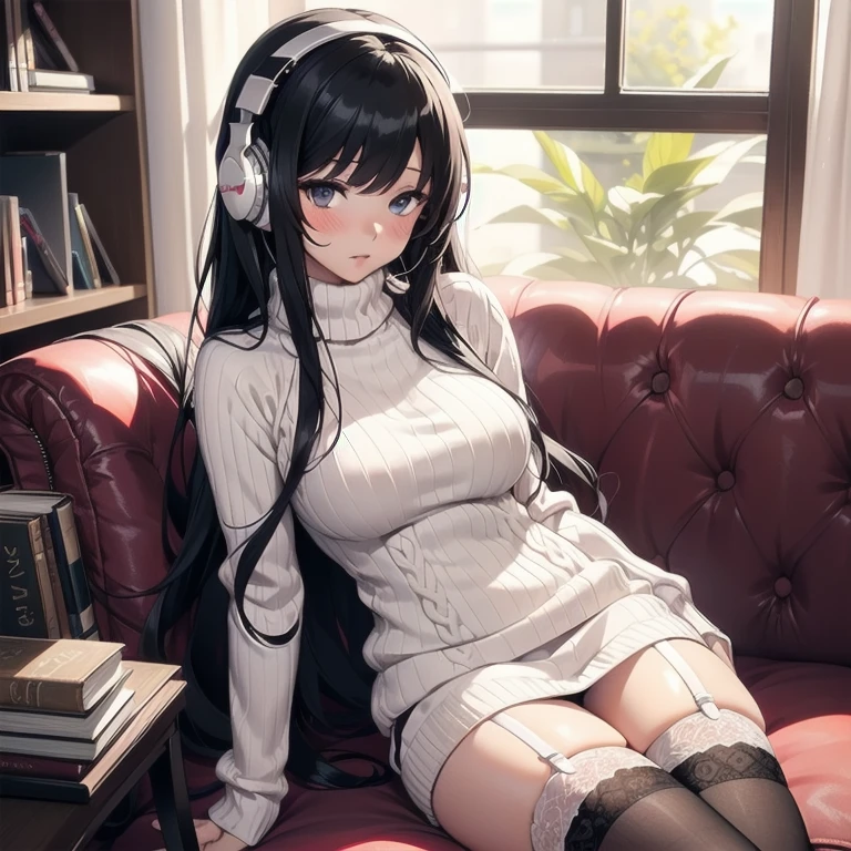 1girl, anime, black eyes, long black hair with square bangs, very long black hair, super long black hair, skirt and stockings, ((black thigh highs)), heels, (((ribbed white sweater))), (white sweater), adult, hourglass figure, ((garter)), nerdy, headphones, sofa, suggestive, inviting, blush, flushed cheeks, spicey, books, PC desktop