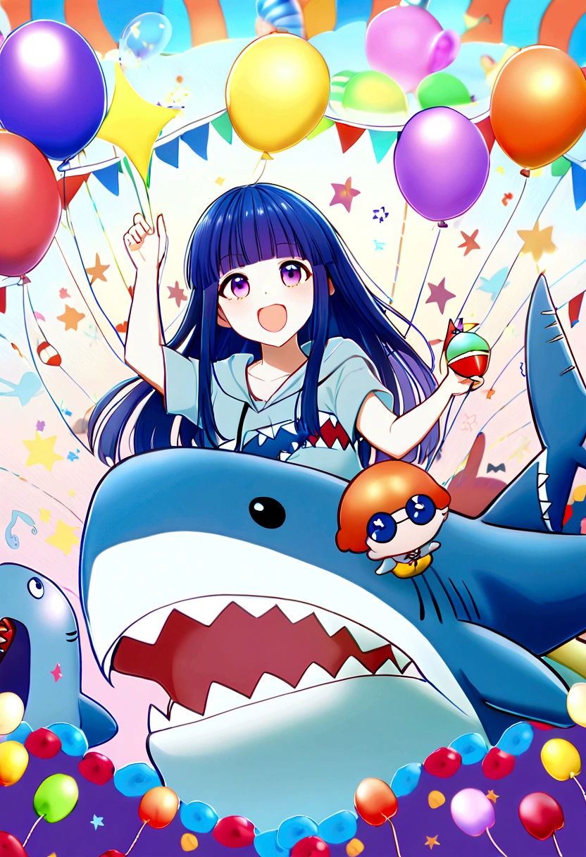 1 girl, alone, Blue Hair, Purple eyes, Long Hair, blunt bangs, bangs,(Shark Costume), girl, party, Marine theme, balloon, colorful, friend, partyデコレーション, Wave motif, looks fun, illumination, Backdrop, Marine Life, celebration, pop, creative
