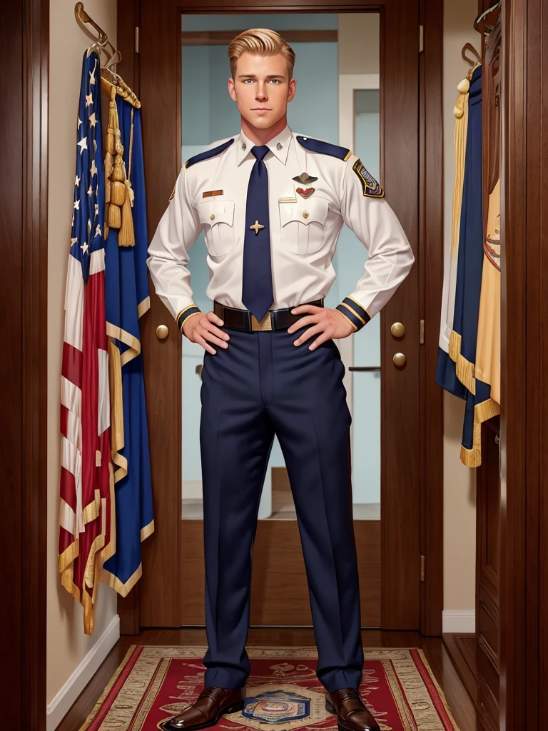 Leyendecker style illustration : A handsome blond guy, 17 years old, looks at the ceremonial officer's uniform of a "Navy Seal" with awards, which hangs on a suit hanger standing on the floor, and engages in masturbation. Watching him from behind is a naked, blond, muscular Navy SEAL officer, 35 years old, handsome and arrogant. The officer has a big dick, an erection, and a boner.