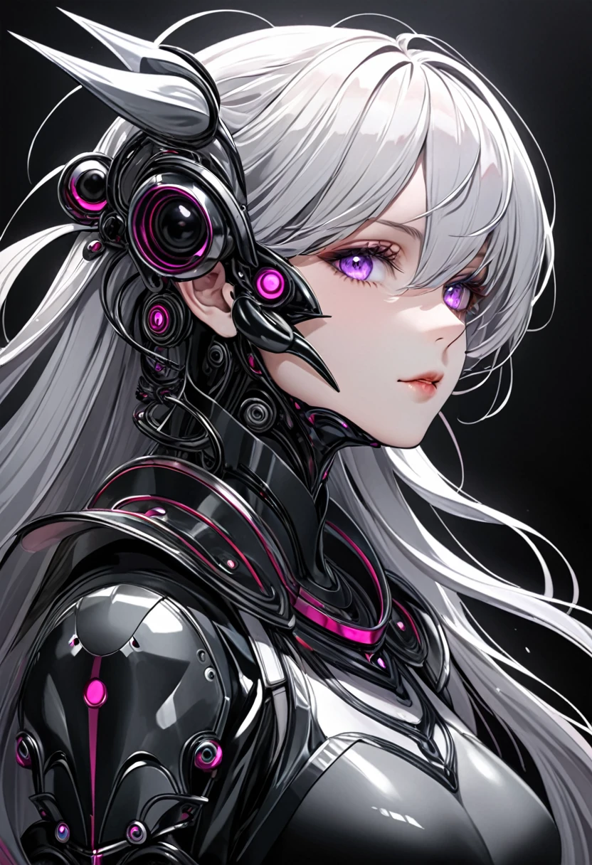 Personnage Hybride Humain-Animal-Cyborg : Un personnage hybride avec des caractéristiques humaines comme les membres de son corps et animales comme son visage inspiré par les animaux et les images précédentes aux cheveux violets. Ils ont des yeux parfaitement dessinés, des cheveux avec des rayonnements légers de blanc ou dorés, et une fourrure détaillée avec des nuances de noir, blanc et gris. Le fond est sombre, mettant en valeur les détails du personnage. Chef d'oeuvre; haute qualité, 8K, fille éblouissante, habillée très vintage en noir, blanc, gris et doré; aux yeux parfaits et égaux, des cheveux avec des rayonnements légers de blanc, dorés et rouge-fucsia, bordeaux; le thème des motifs tourbillonnants en noir et blanc émanant de ses cheveux et ses épaules reste!, conserver l'esthétique à contraste élevé avec un fond sombre, continuité en le design. Le background est toujours noir ou sombre mettre en valeur le personnage qui regarde le spectateur, au regarde doux et tendre.

