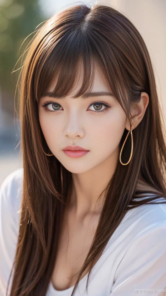 Best quality, 8k, ,Masterpiece :1.3)), facing viewer,((full body1.2)) ,pretty woman, wide shot ,1girl, , , , , brown hair , bangs,ultra-detailed face, highly detailed lips, detailed eyes, double eyelid
