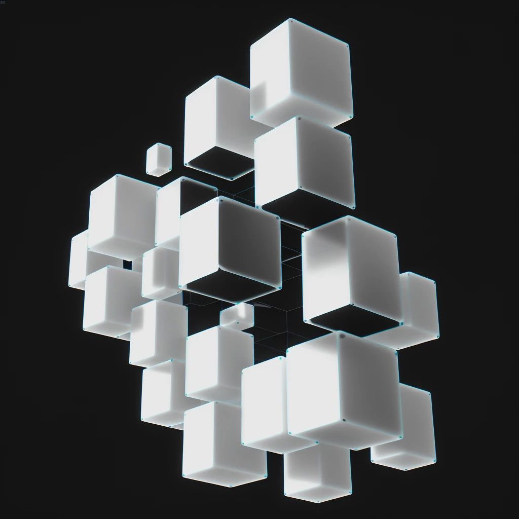 Abstract chromatic aberration pattern made of white cubes on a black background