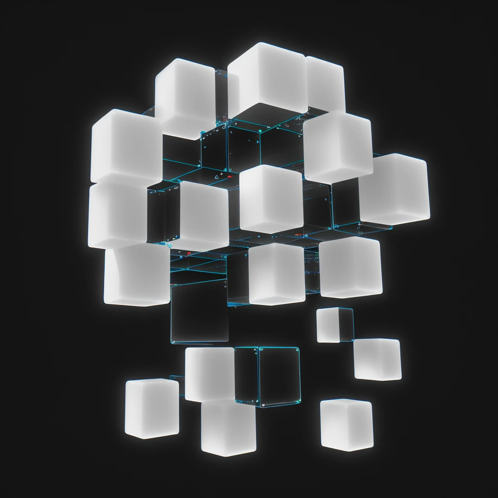Abstract chromatic aberration pattern made of white cubes on a black background
