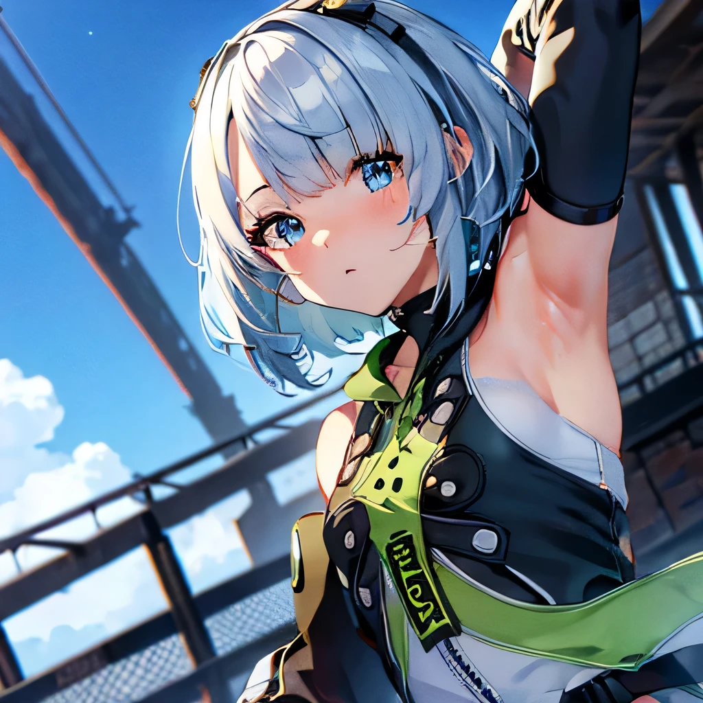 (Ultra Real), (Illustration), (High Resolution), (8K), (Very Detailed), (Best Illustration), (Beautiful Detailed Eyes), (Best Quality), (Super Detailed), (Masterpiece), (Wallpaper), (Detailed Face), Solo, (Dynamic Pose, 1girl, Beautiful sky blue eyes,Cute, blush, small breasts⁩, Center division, arm up, armpits, sweat, show armpits. Emotionless expression
