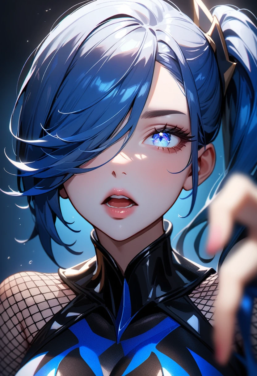 1girl,solo,super detailed skin,shiny skin,expressionless face,lips gloss,eyelashes,glowing blue eye,blue hair,hair over one eye,half open eye,eyelashes,lips gloss,open mouth,Clenching teeth,side ponytail,large breasts,fishnet,water magically,simple background ,masterpiece,best quality,ultra detailed,high resolution,sharp focus,depth of field