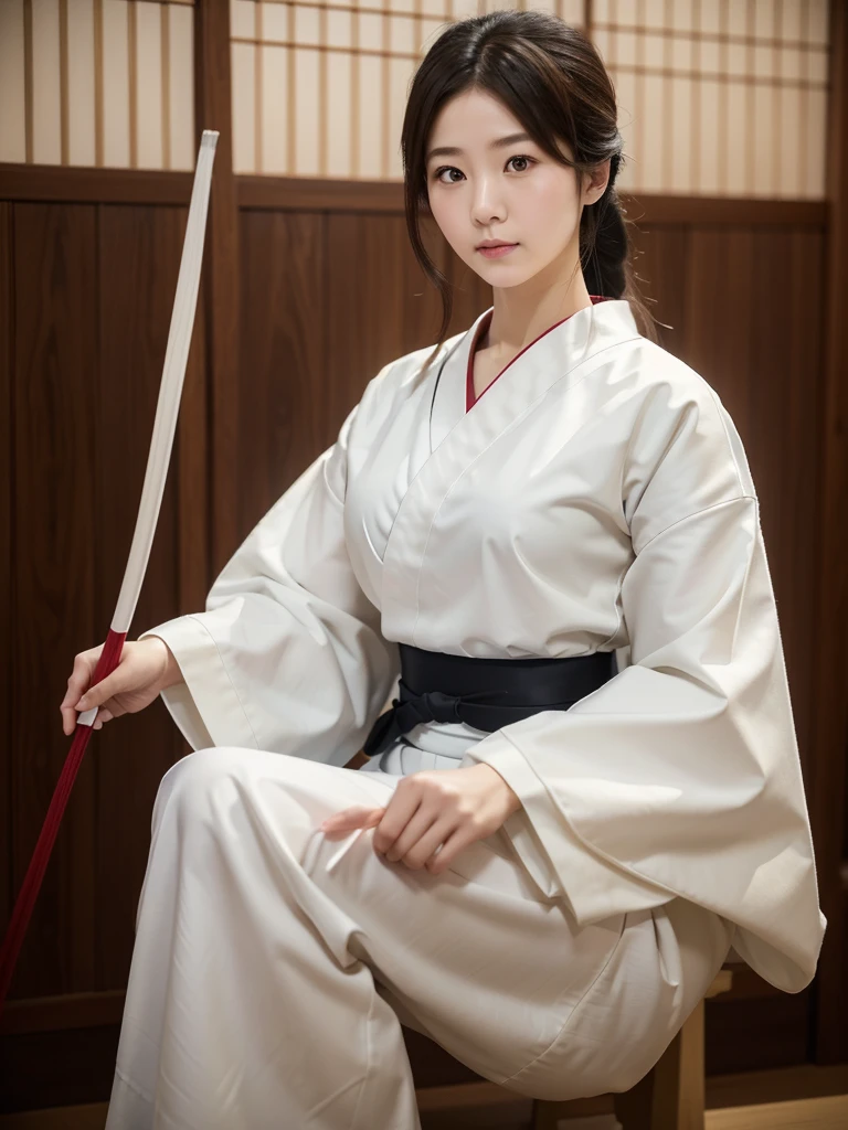 Kyudo、White Haori、Hakama、(Highest quality)、((Very detailed))、4K、(8K)、masterpiece、Very detailedな、Highest quality、Super Resolution、1 person、Kind Face、Soft Light、RAW quality、Soft Skin、163cm、30 years old、Thighs