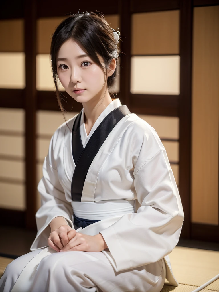 Kyudo、White Haori、Hakama、(Highest quality)、((Very detailed))、4K、(8K)、masterpiece、Very detailedな、Highest quality、Super Resolution、1 person、Kind Face、Soft Light、RAW quality、Soft Skin、163cm、30 years old、Thighs